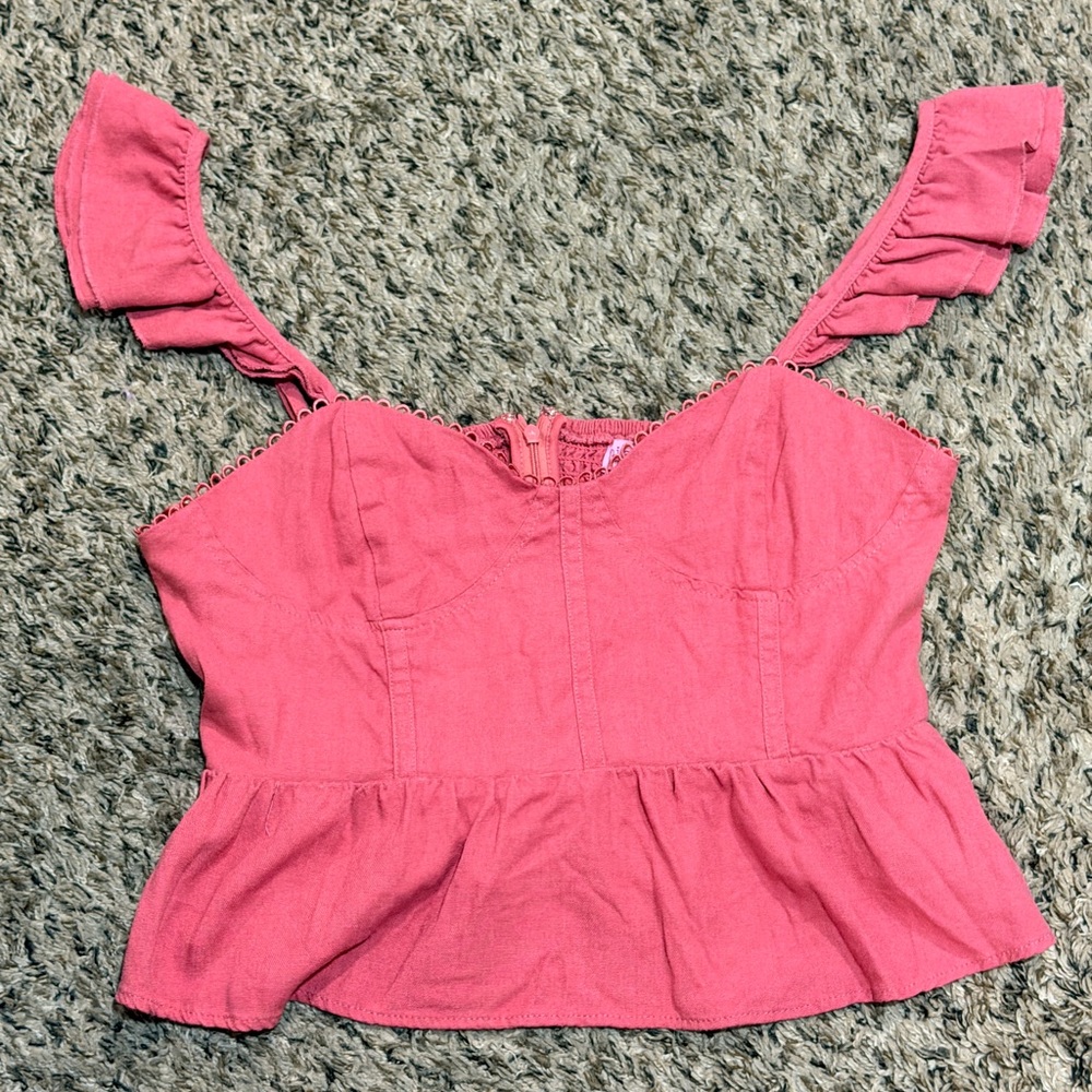 Francescas Crop Top Mi Ami PEASANT Blouse Pink Floral Lace Sz Large Cottage Core